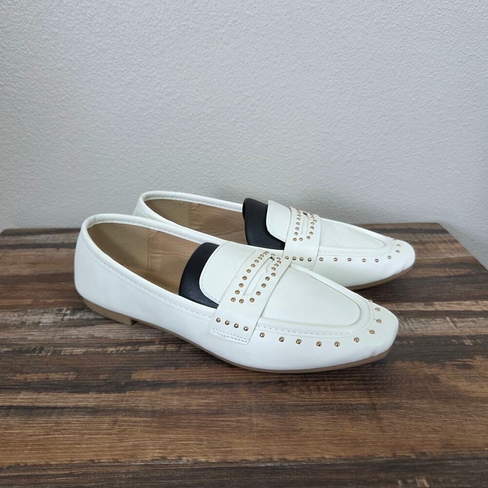 London Rag Woman's Dorlina Gold Studded White Faux Leather Loafers Size 5 (36)